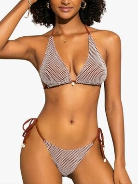 Brownish Orange Mesh Triangle Bikini Set - Women's Swim